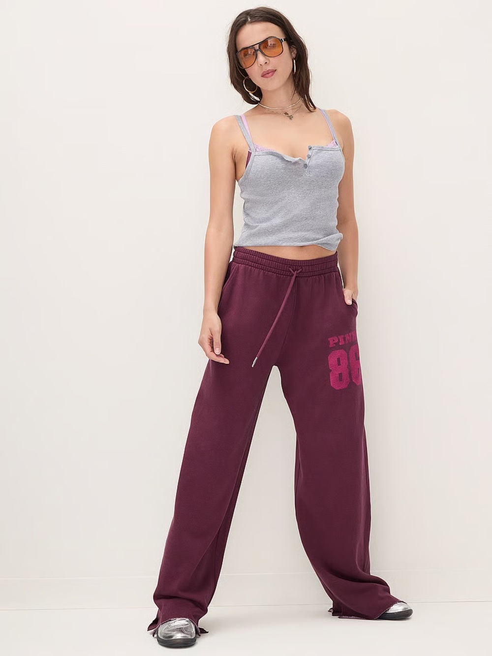 VS PINK Maroon Pink “PINK 86” Jersey Logo Wide Leg Raw Hem Sweatpants L Skater